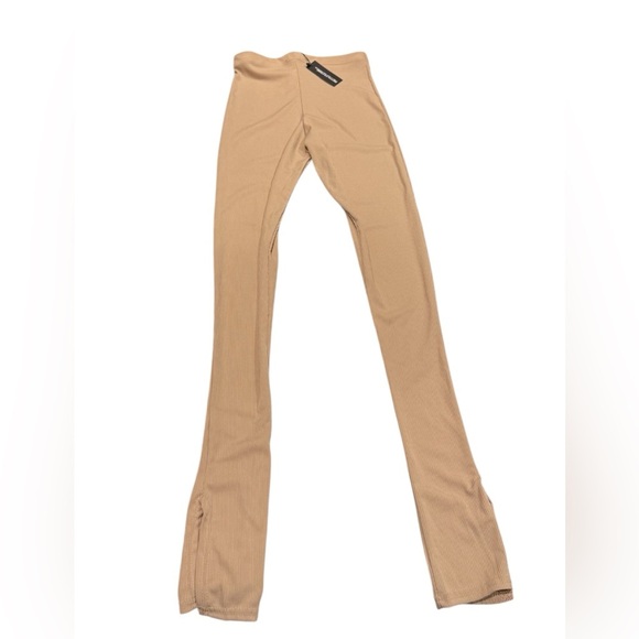 PrettyLittleThing Beige Ribbed Pants Tall Oatmeal Soft Split Hem Leggings New - Picture 2 of 4